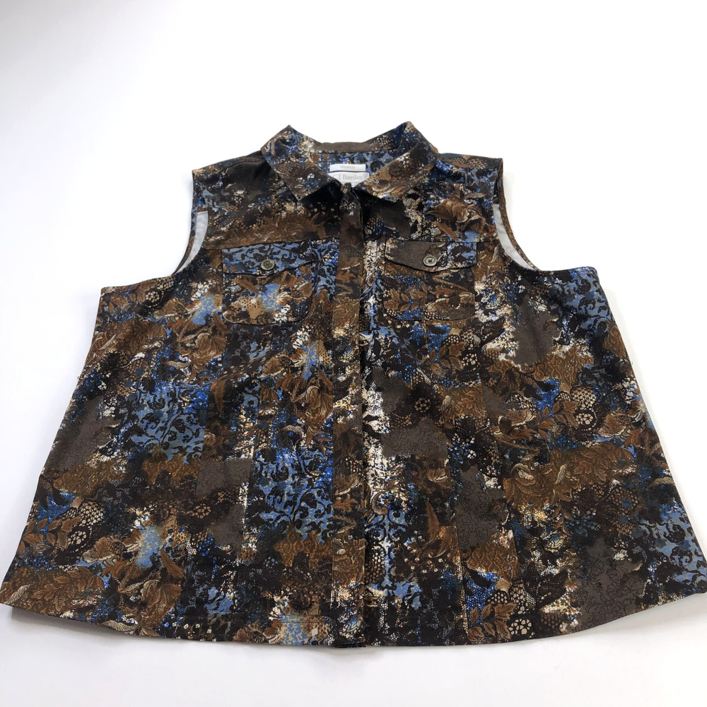 Christopher & Banks Plus 1X Cotton Stretch Button All Over Print Vest Brown
